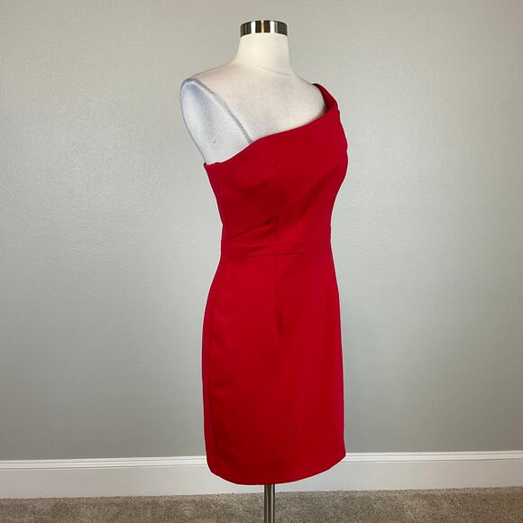 AQUA Women's Cocktail Dress Size 6 Red Crepe Sleeveless One Shoulder Mini Sheath - Picture 2 of 10